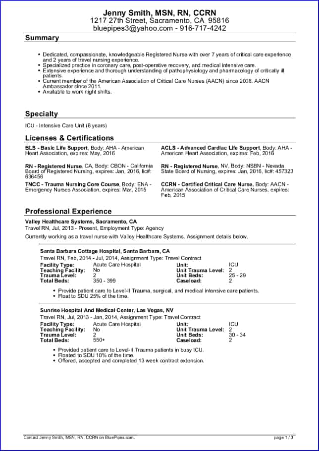 Sample Travel Nursing Resume Free Template BluePipes Blog