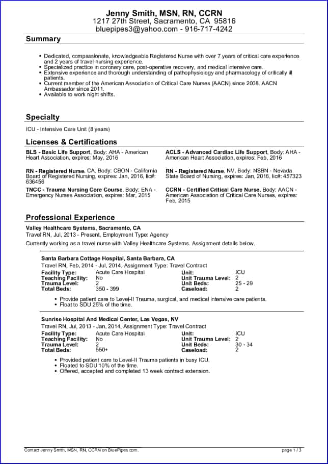 Sample Travel Nursing Resume Page 1 2014