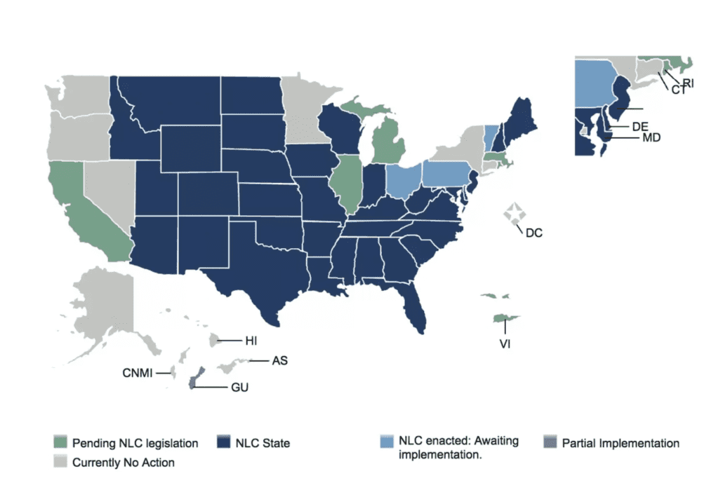 A map of the United States indicated what states are part of the eNLC nursing compact agreement. 